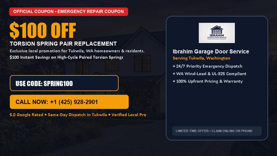 $100 OFF Dual High-Cycle Torsion Spring Replacement in Tukwila, WA - Ibrahim Garage Door Service